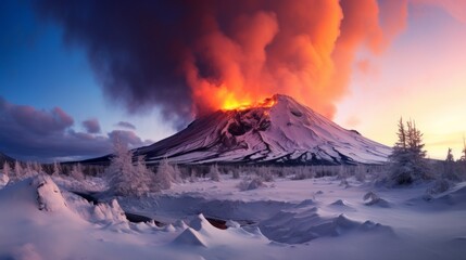Fototapeta na wymiar Aerial view of active volcano eruption, lava flows in the air, nature disaster concept.