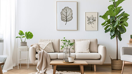 Modern Living Room with Sofa, Plant, and Wall Art