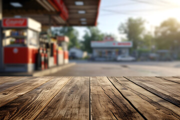 Wood Table against Blurry Fuel Station, Roadside Retreat