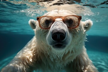 Close-up of a swimming polar bear underwater looking at the camera.