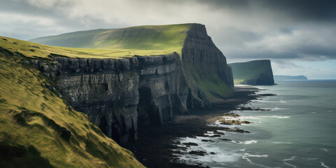 A Majestic View of Ireland's Dramatic Cliffs of Moher, Green Coastline, and a Panoramic Atlantic Ocean Sunset