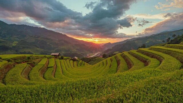 Timelapse of Sunset over Terraced rice fields, Mu Cang Chai, Yen Bai, Vietnam