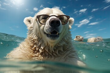Close-up of a swimming polar bear underwater looking at the camera. - obrazy, fototapety, plakaty