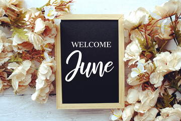Welcome June text message with flower decoration on wooden background © may1985