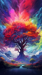 Beautiful fantasy tree wallpaper background with colorful sky and view