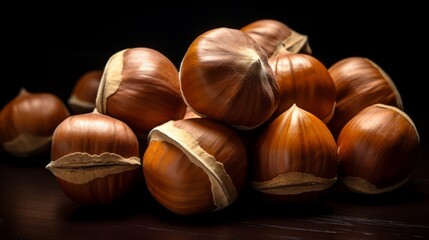 Hazelnuts on black background. Neural network AI generated art