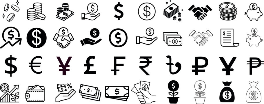 finance icons, currency symbols including dollar, euro, yen, pound, rupee, bitcoin. Features moneybag, wallet, coins, cash register, piggy bank. Ideal for web design, financial infographics