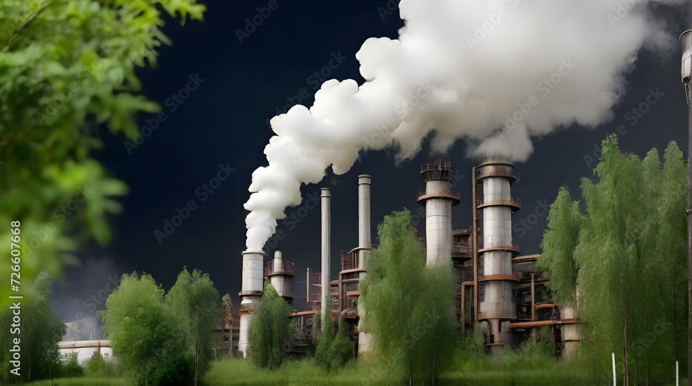 Wall mural smoke chemistry plant pollution factory energy refinery oil production technology chimney ecology in