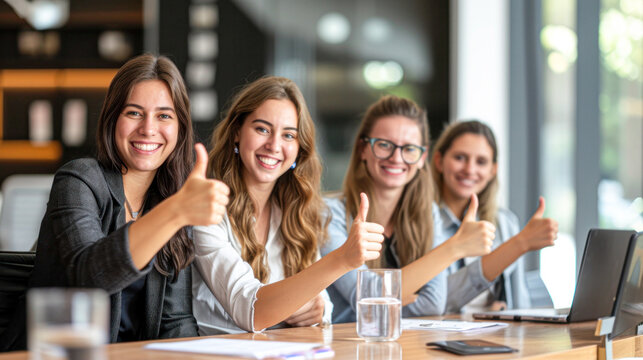 A group of professional women in a corporate meeting room giving thumbs up, signaling success and approval.