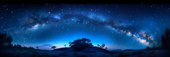 Fototapeta premium Panoramic night landscape with starry sky, Milky way and starfall