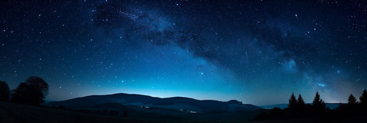 Panoramic night landscape with starry sky, Milky way and starfall