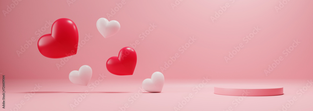 Poster Pink podium, love hearts on solid pastel background with spot light. Valentine, mother's day, birthday, baby shower, premium beauty product mockup template design.