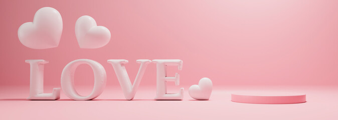 Pink podium, love and hearts on solid pastel background with spot light. Valentine, mother's day, birthday, baby shower, premium beauty product mockup template design. - 726609015