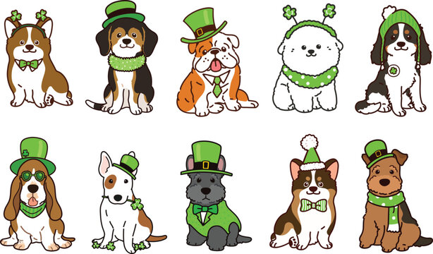 Simple and adorable Saint Patrick's Day illustrations of friendly medium sized dogs outlined