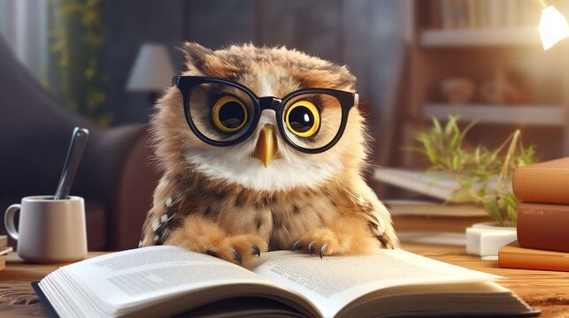 Watercolor Cute Owl with Glasses Reading Book - Whimsical Illustration

