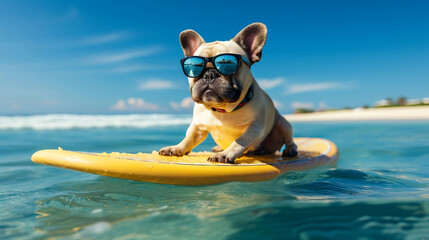 Cute dog surfing on a surfboard with sunglasses in ocean or sea in summer vacation holidays.Travel preparation and planning. Concept of recreation, travel,tourism. Pets care. Hawaii, California, Bali.
