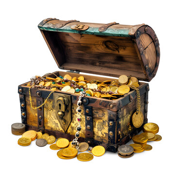 Old old treasure chest with coins and jewelry isolated on white background. Generative AI.