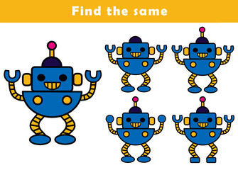 Find same picture worksheet for kids. Worksheet for kids kindergarten, preschool and school age. Education game for children with cute robot illustration.