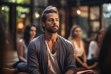 A mindfulness workshop in progress, teaching meditation and presence. Concept of mindfulness training and mental health. Generative Ai.