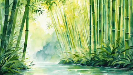 Bamboo forestbright side viewsimple white background small river.