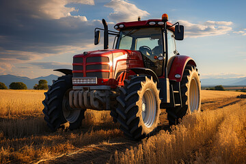 Obraz premium A tractor during the harvest. Tractor working on the rice fields barley farm at sunset time, modern agricultural transport.