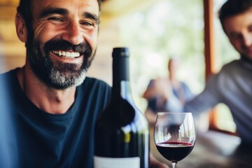 Smiling adult man with beard sitting with his friends in a restaurant while enjoying good wine. Ai generated