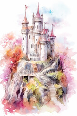 Watercolor sketch of a fairytale castle built on a rock