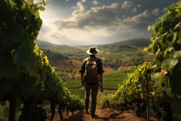 A traveler wandering through a lush vineyard, experiencing the process and taste of wine-making. Concept of vineyard tours and wine tasting. Generative Ai.