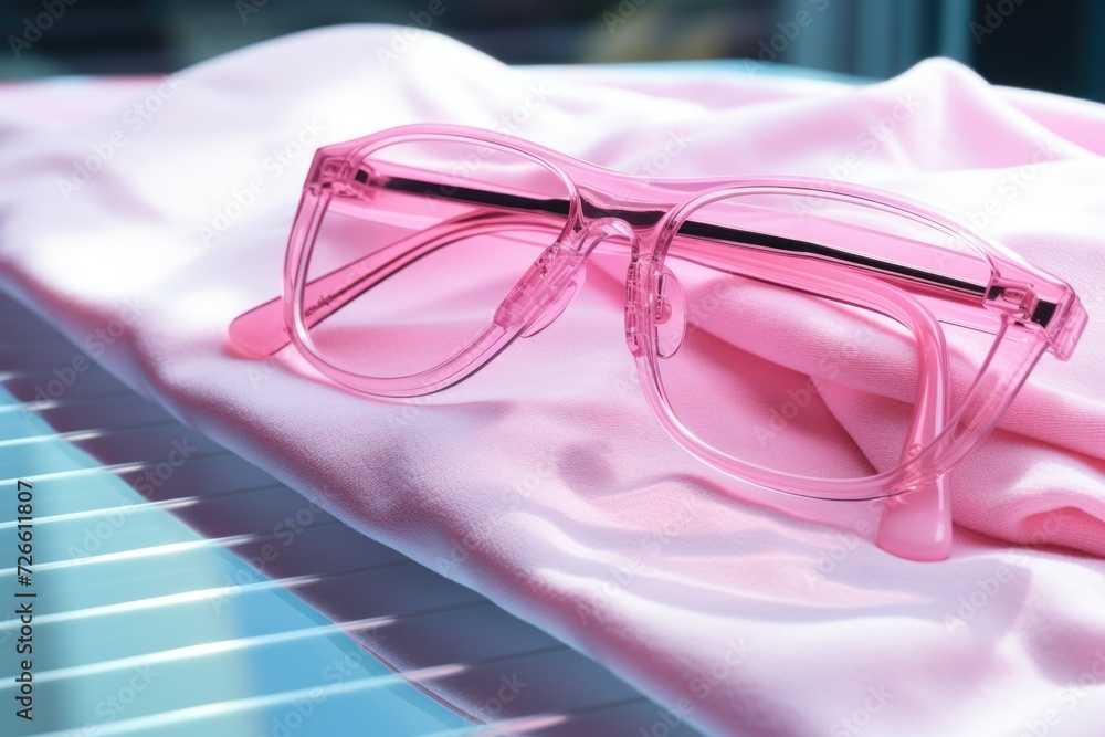 Poster glasses sitting on top of a pink cloth. versatile image suitable for various uses