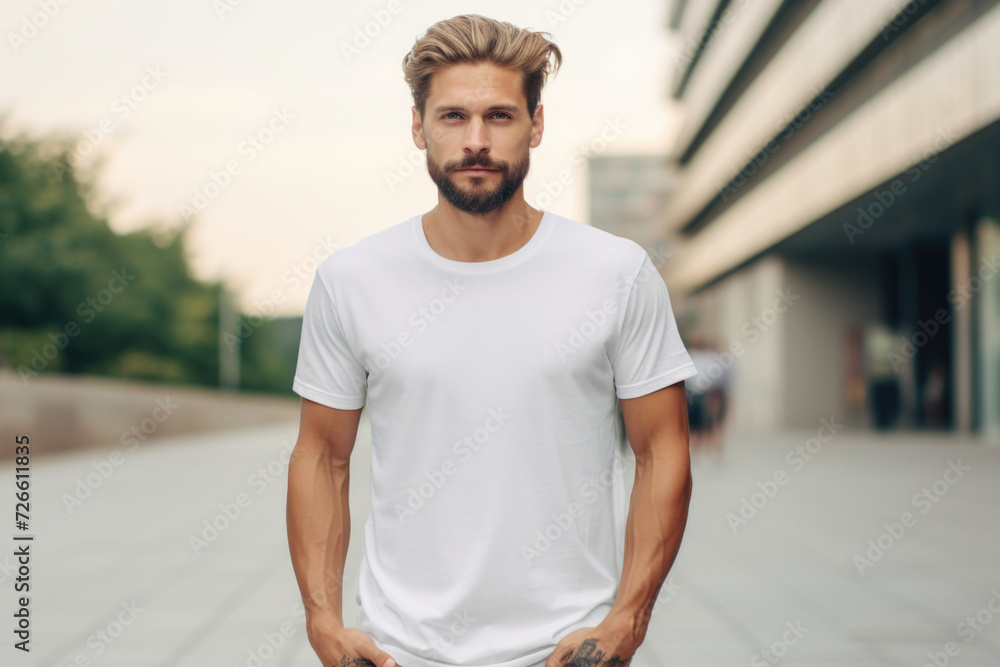 Poster a man in a white t-shirt standing on a sidewalk. suitable for various applications