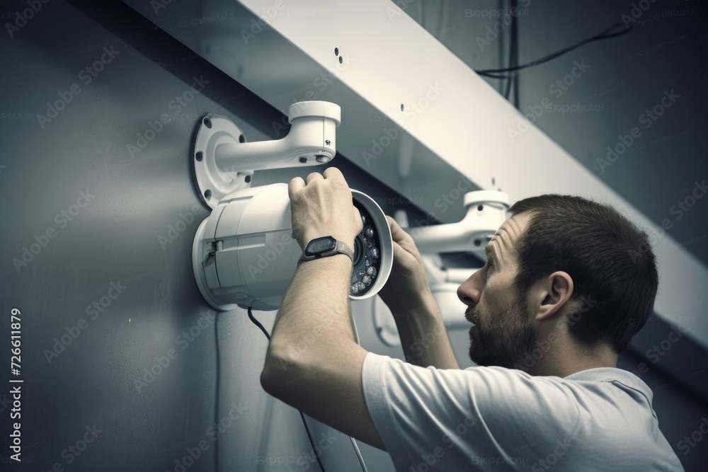 Poster A man is seen fixing a security camera on a wall. This image can be used to illustrate concepts related to surveillance, home security, or technology installations