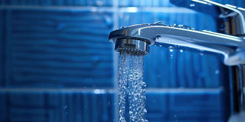 Water supply problems. Water a fresh blue tap with flowing water with spray in bathroom. Selective focus tile on background. Concept water saving at home, reducing use.
