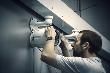 A man is seen fixing a security camera on a wall. This image can be used to illustrate concepts related to surveillance, home security, or technology installations