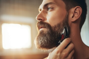 A man using an electric razor to shave his beard. Suitable for grooming and personal care concepts