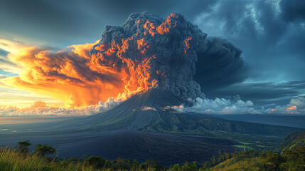 16:9 The volcano erupted releasing large clouds of black smoke and charcoal into the sky. - obrazy, fototapety, plakaty