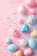Fototapeta na wymiar Illustration for Easter celebration with easter eggs decorated on a flat lay pastel color background
