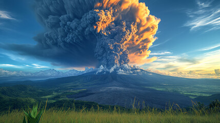 16:9 The volcano erupted releasing large clouds of black smoke and charcoal into the sky.