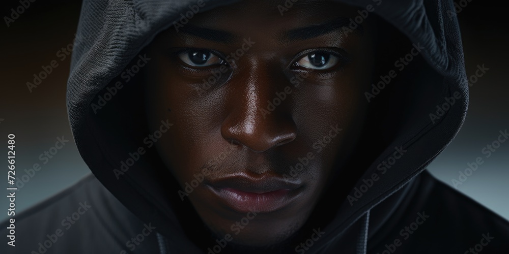 Poster A close-up image of a person wearing a hoodie. This versatile picture can be used for various themes and concepts