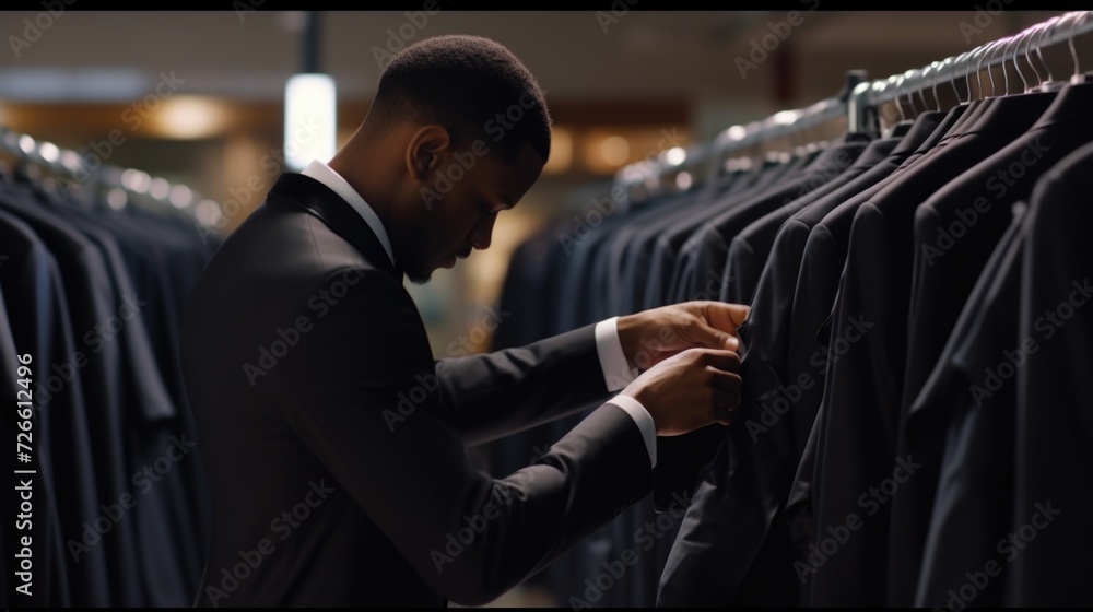 Poster A man in a tuxedo examines a suit hanging on a rack. This image can be used to showcase men's formal wear or for fashion-related content