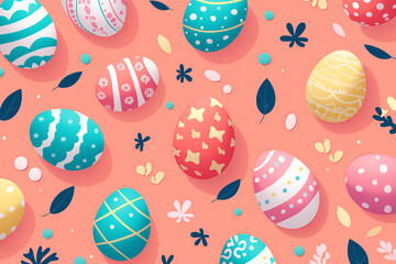 Fototapeta na wymiar Illustration for Easter celebration with easter eggs decorated on a flat lay pastel color background