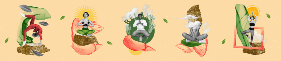 Panorama illustration collage collection of young girl and man sitting lotus stretching in contact with nature over beige background
