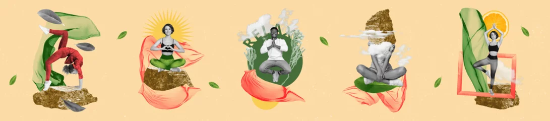 Ingelijste posters Panorama illustration collage collection of young girl and man sitting lotus stretching in contact with nature over beige background © deagreez