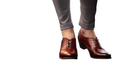 A picture of a person wearing a pair of brown shoes. Perfect for showcasing footwear or fashion trends