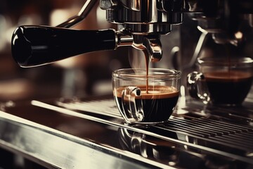 A cup of coffee being poured into a coffee machine. Perfect for illustrating the process of making coffee or showcasing coffee-related products