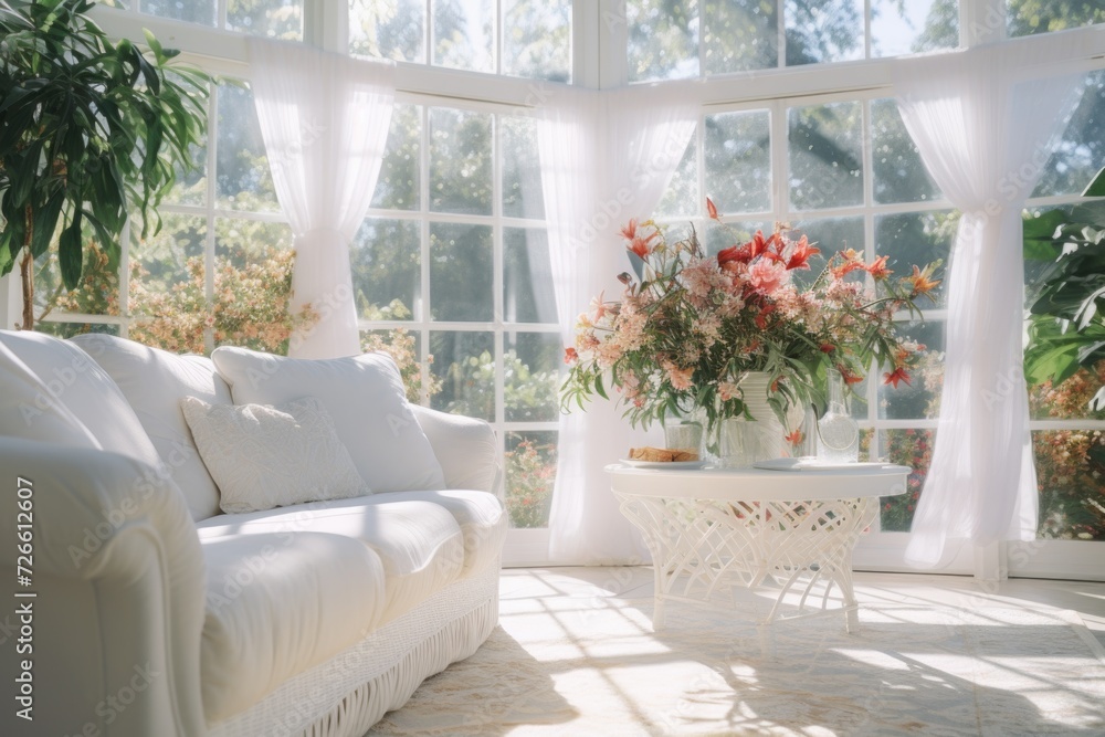 Poster a white couch sits in a living room next to a window. this image can be used to showcase modern inte