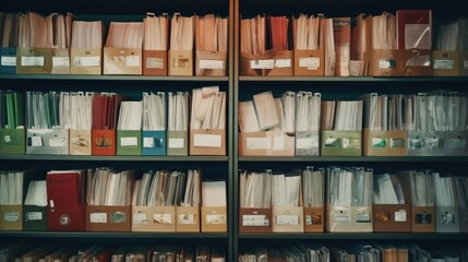 A book shelf filled with lots of folders. This image can be used to depict organization, paperwork, or office management - obrazy, fototapety, plakaty