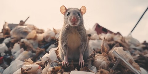 A mouse sitting on top of a pile of garbage. This image can be used to depict urban wildlife or environmental pollution