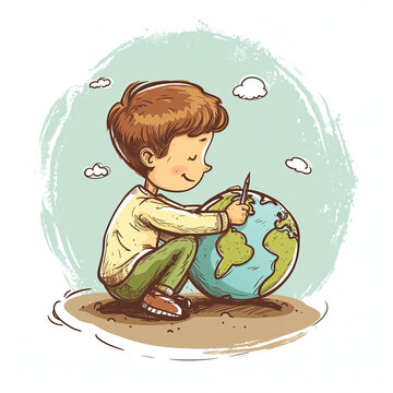 Dessin d'un enfant qui dessine la terre - illustration pour la journ&eacute;e de la terre - la terre appartient &agrave; nos enfants 