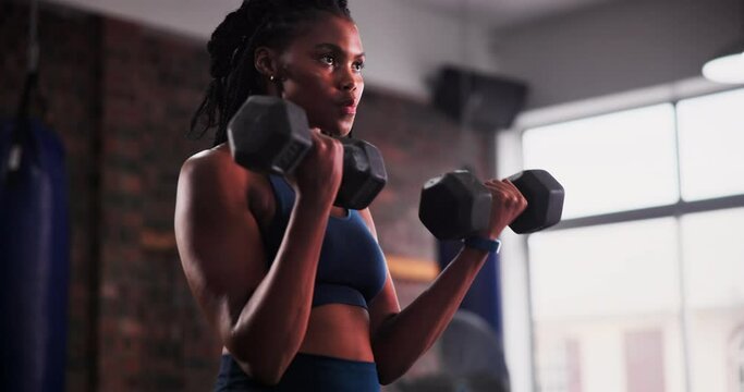 Black woman, dumbbells and weightlifting at gym for exercise, strength or arm workout. Active African female person, athlete or bodybuilder in sports fitness, muscle gain or training at health club