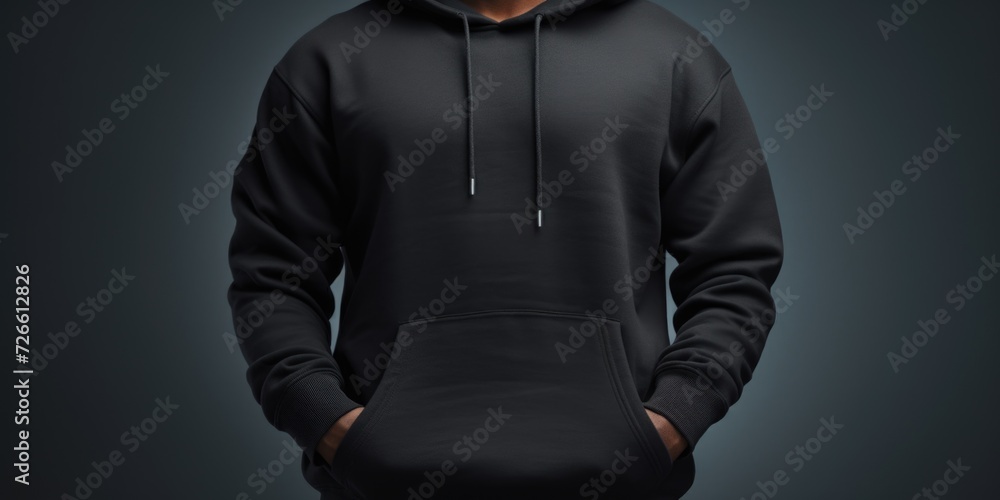Poster a man wearing a black hoodie stands with his hands in his pockets. this versatile image can be used 